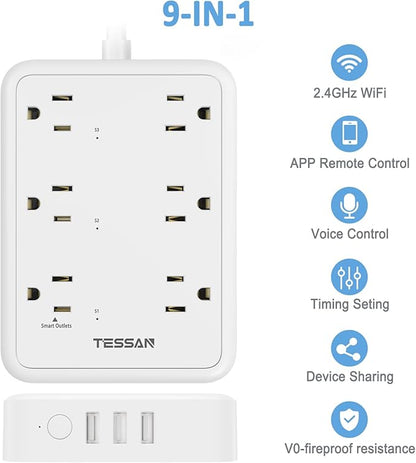 Smart Power Strip, TESSAN WiFi Flat Plug Strip with 3 Smart Outlets and 3 USB Ports, 6 Feet Extension Cord, Only 2.4 GHz Wi-Fi, Compatible with Alexa and Google Home, White
