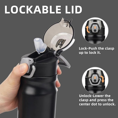 Insulated Water Bottle with Straw and Carry Loop,18 oz Stainless Steel Double Wall Vaccum Metal Water Flask with Leak-proof Lid,Black