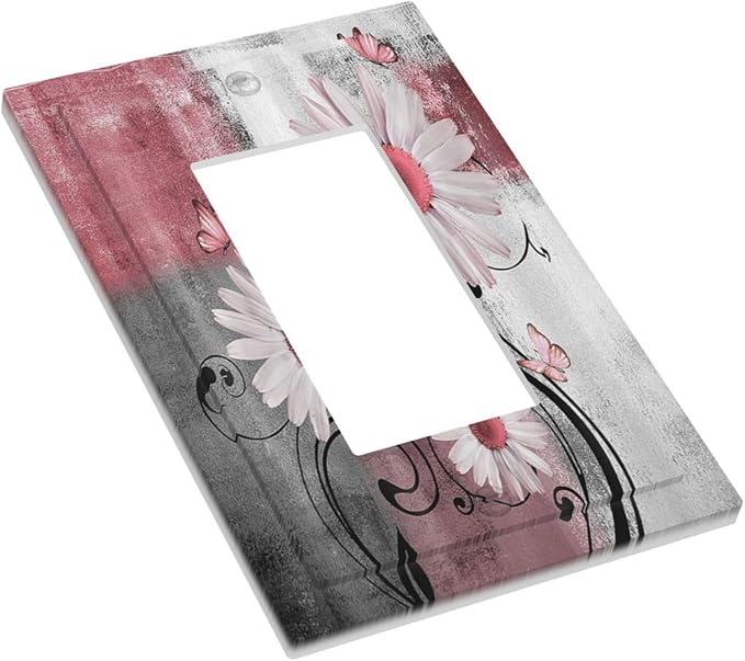 Decorative Outlet Covers Pink Floral Rustic Daisy Flower And Butterfly 1 Gang Single Rocker Light Switch Cover Plate Wall Plates GFCI Faceplate for Farmhouse Cabin Decor