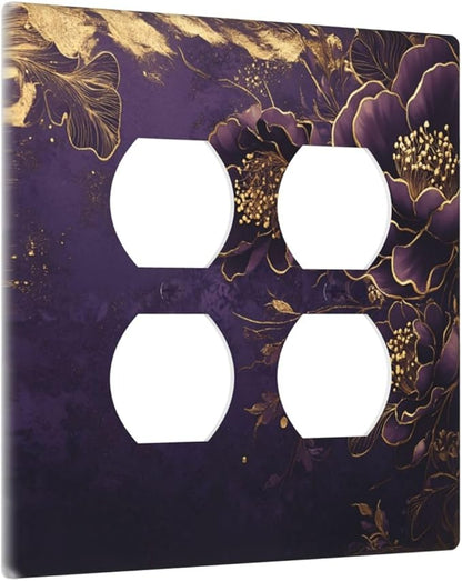 Decorative Outlet Covers Vintage Purple Peony Gold Leaf Flowers Floral 2 Gang Wall Plate Double Duplex Light Switch Cover Switch Plate Covers Faceplate for Bedroom Home Decor