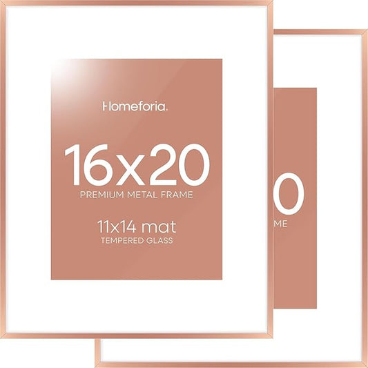 Homeforia Picture Frames 16x20 Rose Gold, High End Metal 16x20 Poster Frame with Mat 11x14 inch Photo, 16 x 20 Rose Gold Frame Matted to 11 by 14 Print, 20x16 Frame, Tempered Glass, Wall Kit, Set of 2