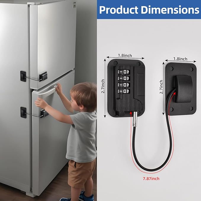 Refrigerator Lock, Heavy Duty Fridge Locks for Kids, Freezer Lock with Combination for Refrigerator Drawer Cabinet Safety, Easy to Install No Keys Needed Black