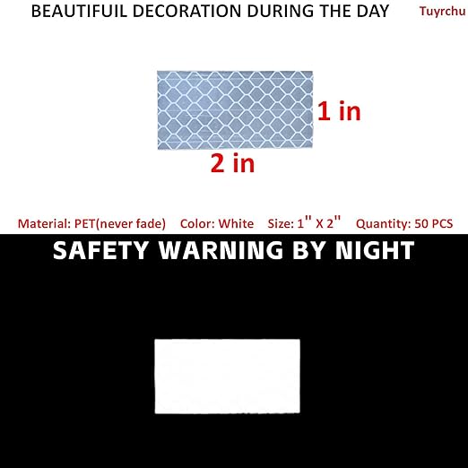 Non Fading White Reflective Stickers 1 inch X 2 inch, Outdoor Waterproof High Visibility Warning Safety Adhesive Reflector Tape (50 Pcs)