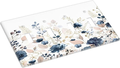 Blue Flora Boho Vintage Flower Golden Leaves Light Switch Covers Quad Toggle Electrical Faceplate 4 Gang Wall Plate Decorative Switch Plates Cover for Bedroom Living Room Decor