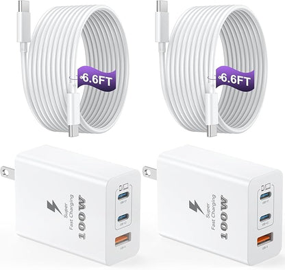 USB C Charger Block 100W, 3-Port GaN Super Fast Charger, Type C Wall Charger Adapter with 6.6ft USB C Charging Cable for MacBook Pro/Air,iPad Pro, i-Phone 16/15Pro, Galaxy S24/S23 and More[2 Pack]