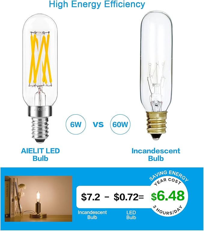 Dimmable T8 Antique LED Light Bulb, E12 Small Candelabra Base, 60W Equivalent Tube Soft White 3000K, 600 Lumens, 6-Watt Filament Edison Bulb for Chandelier, Home, Clear Glass (8-Pack)