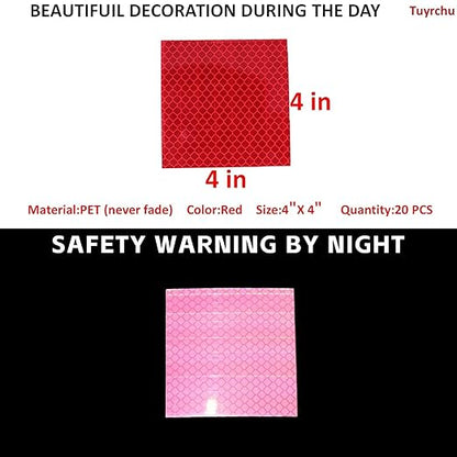 Non Fading Red Reflective Stickers 4 inch X 4 inch, Outdoor Waterproof High Visibility Warning Safety Adhesive Reflector Tape (20 Pcs)