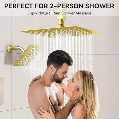 Brushed Gold Shower System, STARBATH 12+8" Rainfall Shower System with Square Shower Head and Handle Set Ceiling Mount, Can Use All at Once Push Button Diverter Pressure Balancing Valve with Trim Kit