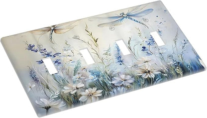 Decorative Light Switch Cover Plate Watercolor Dragonfly Blue Wihte Flower 4 Gang Wall Plates for Electrical Outlets Quad Toggle Switch Plate Covers Outlet Covers Faceplate for Bedroom Decor