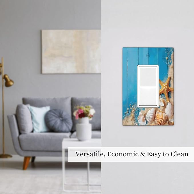 Decorative Outlet Covers Blue Wood Grain Beach Shell Starfish 1 Gang Single Rocker Light Switch Cover Plate Wall Plates GFCI Faceplate for Bathroom Farmhouse Decor