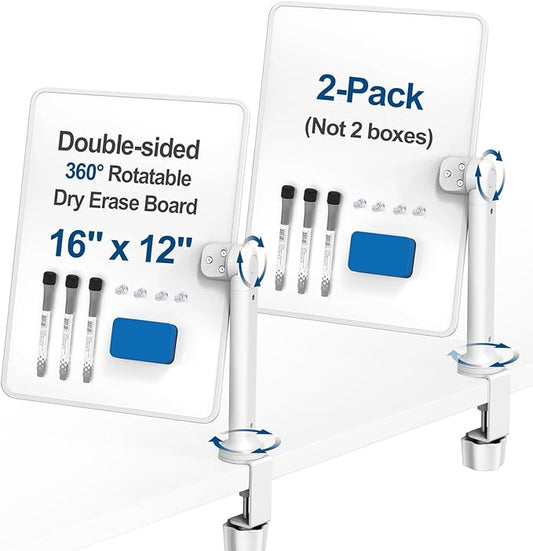 Double-Sided Desk Whiteboard with Dual 360° Swivel - 16" x 12" Clamp-On Desktop Whiteboard for Tables Under 2.3" Thick for Office, Home, School(2pc)