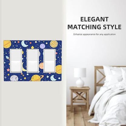 Stars Starry Night Sun Moon Planet Constellations Light Switch Covers 3 Gang Rocker Decorative Triple Outlet Wall Plate Cover Electrical GFCI Switchplate for Bedroom Bathroom Decor