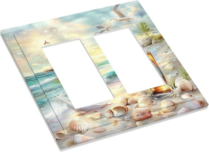 Decorative Outlet Covers Beach Ocean Lighthouse Seashells 2 Gang Double Gfci Rocker Electrical Wall Panels Light Switch Cover Plate For Bed Room Living Room Decor