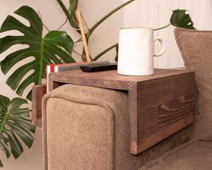 Wooden Couch Arm Tray – Sofa Armrest Table with Book & Magazine Holder, Perfect for Coffee & Remote Control, Solid Wood (London)