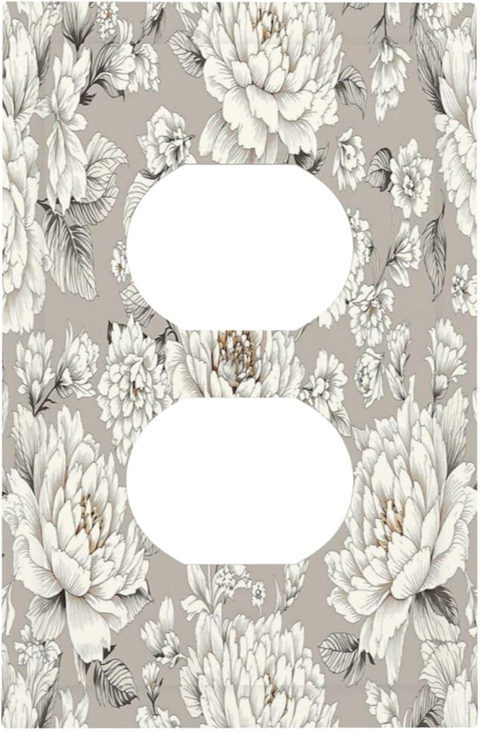 White Poppies Floral Modern Grey Peonies Flowers Outlet Covers 1 Gang Duplex Light Switch Cover Wall Plate Decorative Switch Plates Electrical Receptacle Faceplate for Bedroom Bathroom
