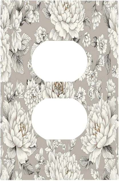 White Poppies Floral Modern Grey Peonies Flowers Outlet Covers 1 Gang Duplex Light Switch Cover Wall Plate Decorative Switch Plates Electrical Receptacle Faceplate for Bedroom Bathroom