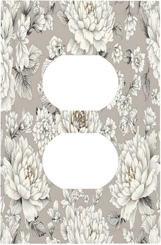 White Poppies Floral Modern Grey Peonies Flowers Outlet Covers 1 Gang Duplex Light Switch Cover Wall Plate Decorative Switch Plates Electrical Receptacle Faceplate for Bedroom Bathroom