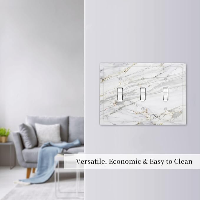 Decorative Light Switch Cover Plate Gray Gold Marble Abstract Modern Luxury 3 Gang Wall Plate Triple Toggle Switch Plate Covers Electrical Outlet Cover for Bedroom Home Decor