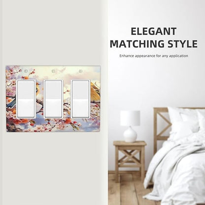 Birds Sitting on Flowers Tree Branch 3 Gang Rocker Triple Outlet Wall Plate Decorative Switch plate Cover Faceplate GFCI Light Switch Covers for Farmhouse Living Decor