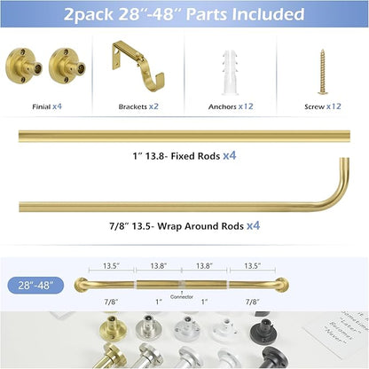 Gold Wrap Around Curtain Rods 2Pack:Blackout Heavy duty Adjustable Window Curtain Rod for Bedroom,Industrial Darkening Curved French Metal Single Drapery Rods Easy Install,Brushed Gold 28-48"