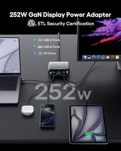 WOTOBEUS Charging Station (252W), 7-Ports (4 USB-C, 2 USB-A, 1 DC), Power Adapter with DC Power Supply Adjustable 3.3V~24.5V (0~60W) Converter and LED Display, for iPhone Laptops Monitor Electronics