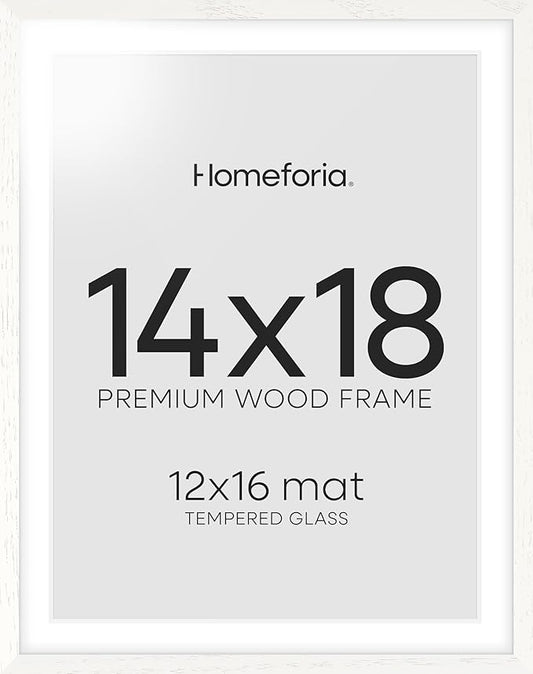 Homeforia 14x18 White Picture Frame, High End Oak 14x18 White Wooden Poster Frames with Mat 12x16 for Print, 14 x 18 Wood Frame Matted to 12 x 16 Photo, 18x14 Frame, Tempered Glass, Wall Kit, Set of 1