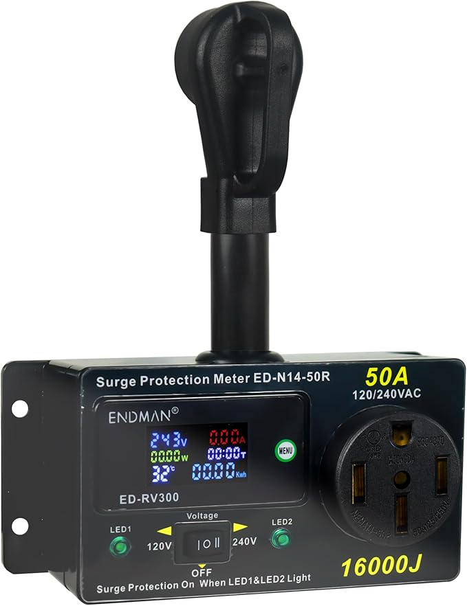 RV 50 Amp Surge Protector AC Power Meter,16000Joules 240V NEMA 14-50P LCD Dispaly KWH,Voltage Monitor with LED Display,10AWG Cable