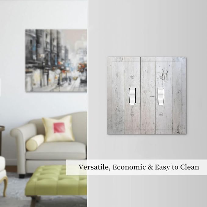 Rustic White Grey Wood Grain Decorative Switch Plates 2 Gang Double Toggle Outlet Light Switch Cover Wall Plate Electrical Faceplate for Bedroom Bathroom Decor