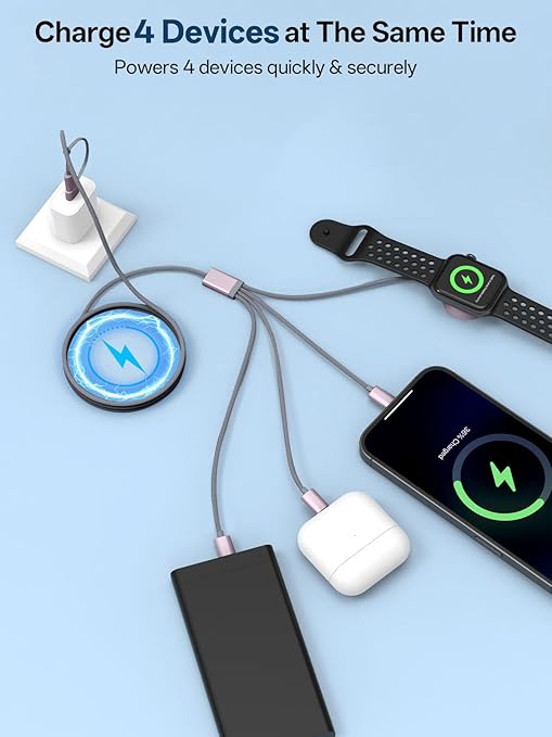 Travel Essentials, 4 in 2 Multi Charging Cable for Apple Watch Charger/iPhone Charger,USB C Cable Cord for iPhone 17-11/iWatch Ultra/10-2/Galaxy S25-S20, Android Phones, Kindle, MP3-Grey,4FT