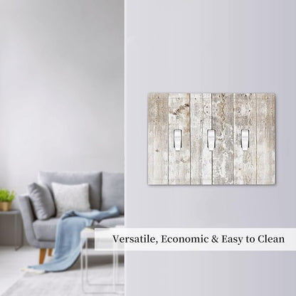 Vintage Light Wood Retro Rustic White Gray Oak Print Decorative Switch Plates 3 Gang Wall Plate Triple Toggle Light Switch Cover Faceplate Electrical Wall Panels for Farmhouse Home Decor