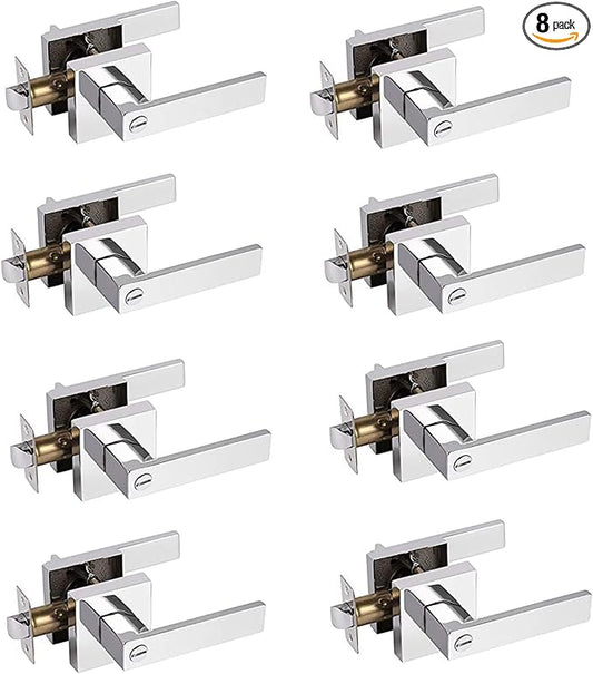 Probrico Heavy Duty Door Handles Polished Chrome, Interior Keyless Locks Bath/Bed Door Locksets, Square Privacy Door Levers Reversible for Left/Right Handed Doors, 8 Pack