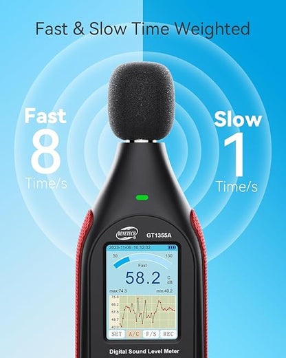 Decibel Meter, Sound & Noise Decibel Level Reader Monitor, SPL Meter 30dB to 130dB(A) with Record, Visual Alarm, A/C Weighted, Rechargeable for Home, Classroom