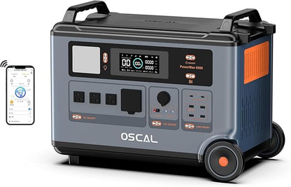 OSCAL PowerMax 6000 Solar Generator, 120/240V Split Phase Voltage 6000W AC Outlets (9000W Peak), 3600Wh Power Station Expandable to 57.6kWh, LFP Battery, 2200W/1.96H Fast Charging, Emergency for Home