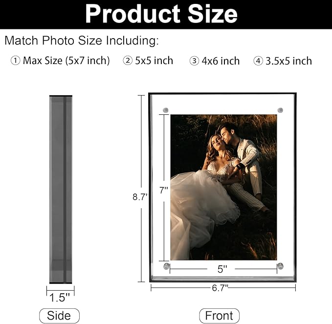 5x7 Picture Frames, Stunning Color Acrylic Photo Frame, Wall & Tabletop Display Frames, Modern Floating Style for Home Office Decoration, Black (1 Pack)