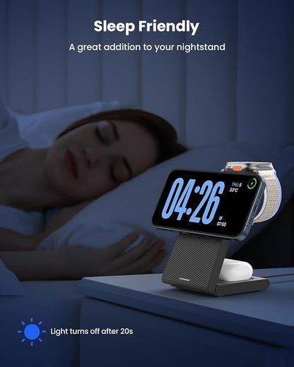 3 in 1 Wireless Charging Station, Foldable Magnetic Wireless Charger Stand for Multiple Devices, Wireless Charger for iPhone 16/15/14/13/12, Apple Watch 9/8/7/6/SE/5/4/3/2, AirPods 3/2/Pro