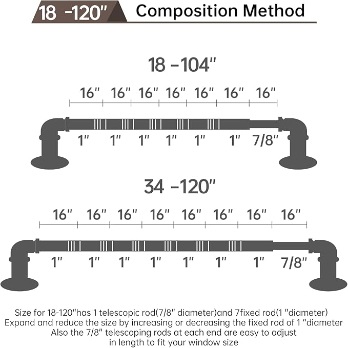 Industrial Curtain Rods 18 to 120 in,Blackout Curtain Rod,Adjustable Length,1 in Diameter Pipe,Wall or Ceiling Mounted,for Bedroom and Living Room (Coffee Gold 18” to 120”)