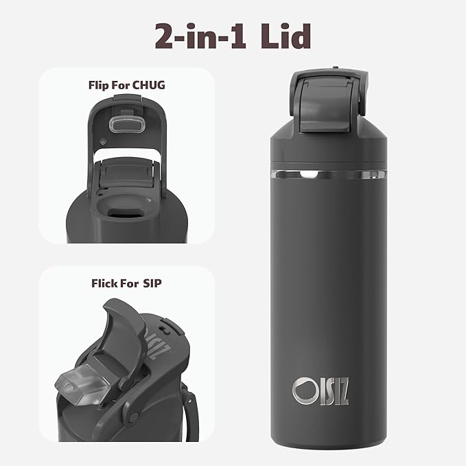 OISIZ Insulated Water Bottle 20 oz with 2 in 1 Spout and Straw Lid,One Click Safety Lock,100% Leakproof,Keep Cold 24H,Vacuum Stainless Steel Water Bottle for School,Travel and Sports,Dishwasher Safe