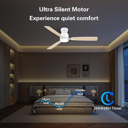 Ceiling Fans with Lights,52 Inch,Quiet Reversible Motor,Easy to Install,6 Speeds,Dimmable,Timer,White Low Profile Ceiling Fan for Bedroom Living Room,Kitchen,Indoor/Outdoor
