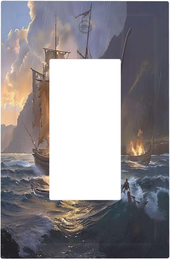 Decorative Outlet Covers Medieval Vintage Sailing Adventure Sailings Ocean Waves 1 Gang Single Rocker Light Switch Cover Plate GFCI Wall Plates Electrical Switch Plate Cover for Bedroom Cabin Decor