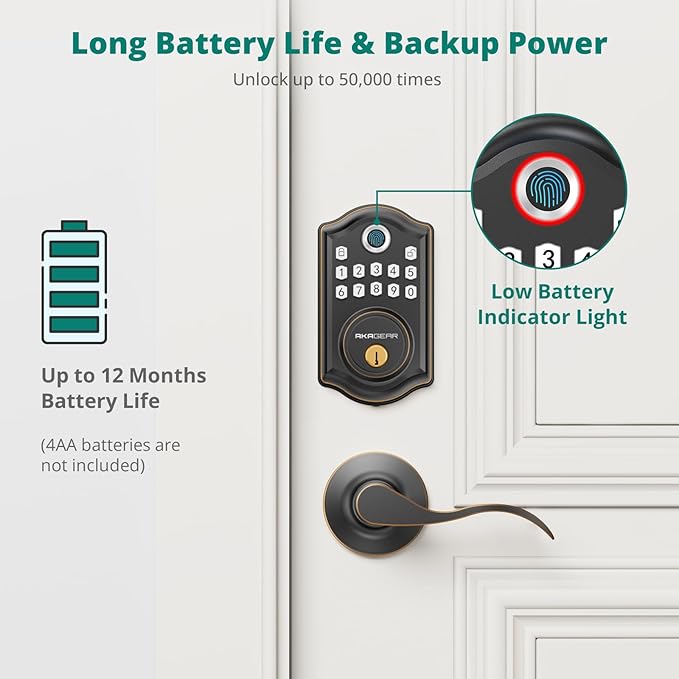DS10 Keyless Entry Door Lock with Handle - 2 Lever Handles, Fingerprint Door Lock, Keypad Deadbolt, 2 Keys, Code, Smart Locks for Front Door, Auto-Lock, Easy Installation - Oil Rubbed Bronze