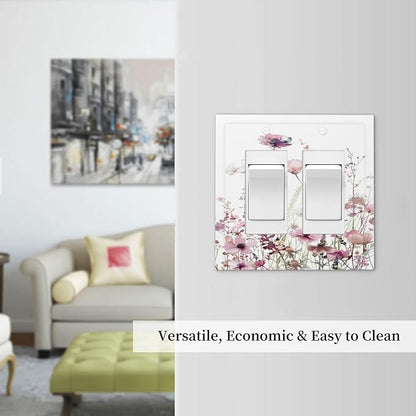 Floral Pink Watercolor Wildflowers Plant Flower Decorative Outlet Covers 2 Gang Double GFCI Rocker Electrical Wall Panels Light Switch Cover Plate for Bedroom Living Room Decor