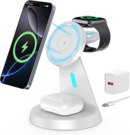 3 in 1 Charging Station Compatible with Magsafe Charger Wireless Charging Station for iPhone 17 16 15 14 13 12 Series Wireless Charger Stand for AirPods Wireless Charging Stand for iWatch Series