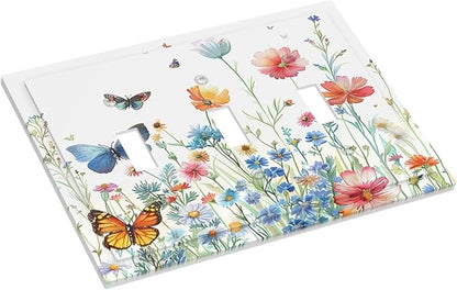 Decorative Light Switch Cover Plate Rustic Wildflower Blue Pink Floral Butterfly 3 Gang Wall Plates for Electrical Outlets Triple Toggle Switch Plate Covers Outlet Covers for Home Decor