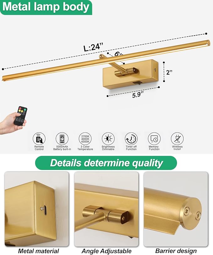 Battery Operated Picture Light with Wireless Remote 3CCT Dimmable Gold Wall Art Lights for Paintings 3 Color Rechargeable cordless decor Gallery Light 24’‘ Artwork Lighting for Canvas Timer Function