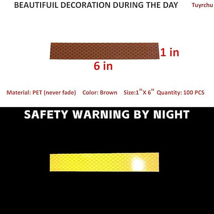 Non Fading Brown Reflective Stickers 1 inch X 6 inch, Outdoor Waterproof High Visibility Warning Safety Adhesive Reflector Tape (100 Pcs)