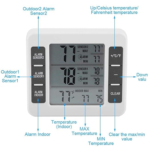 Fridge Thermometer, Digital Refrigerator Freezer Thermometer Monitor with 2 Sensors with Audible Alarm, for Indoor and Outdoor Use, Easy to Read LCD Display