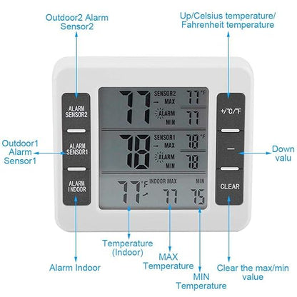 Fridge Thermometer, Digital Refrigerator Freezer Thermometer Monitor with 2 Sensors with Audible Alarm, for Indoor and Outdoor Use, Easy to Read LCD Display