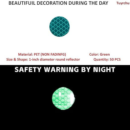 Non Fading Green Reflective Stickers 1-inch Diameter Round Reflector, Outdoor Waterproof High Visibility Warning Adhesive Tape (50 Pcs)