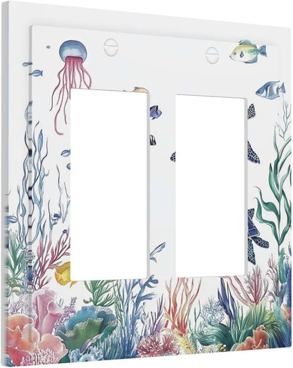 Blue Sea Turtle Ocean Fish Octopus Coral Decorative Outlet Covers 2 Gang Double Gfci Rocker Electrical Wall Panels Light Switch Cover Plate For Bathroom Kids Room Decor