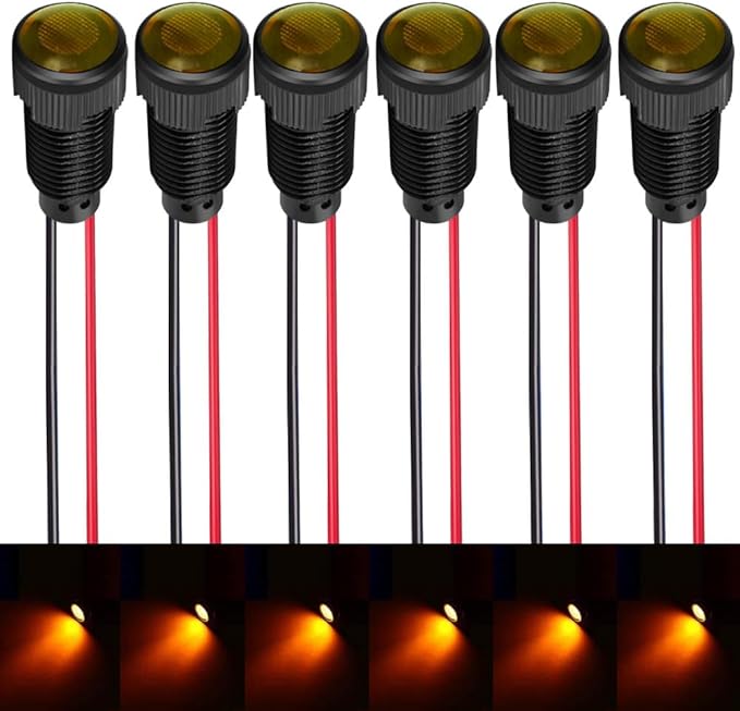 6pcs Yellow Indicator Pilot Light AC/DC 12-24V Mounting Hole Size 10mm(Flame Retardant Plastic Shell)